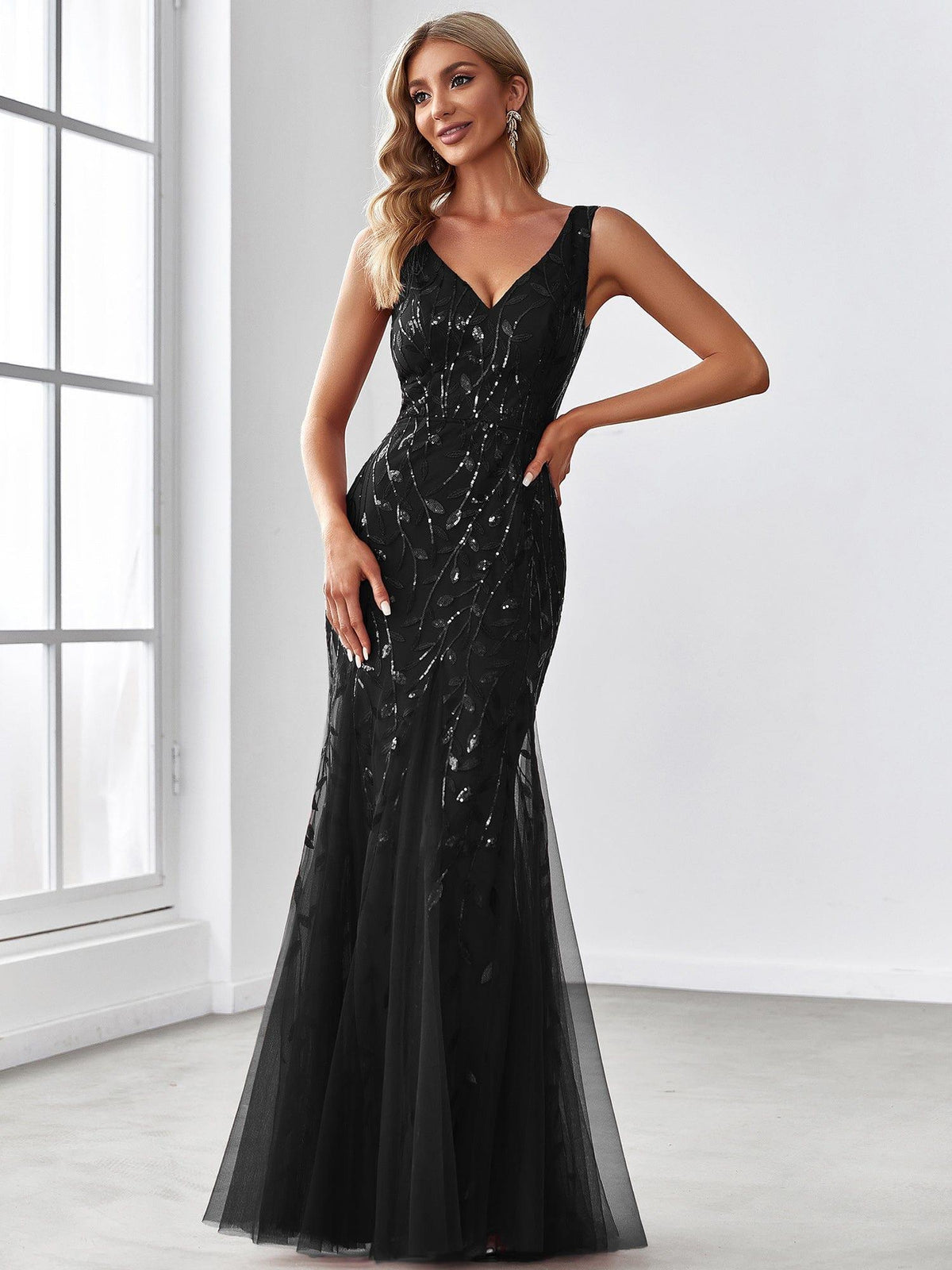 Zaira Sequin Dress with Double V Neck and Fishtail Hem
