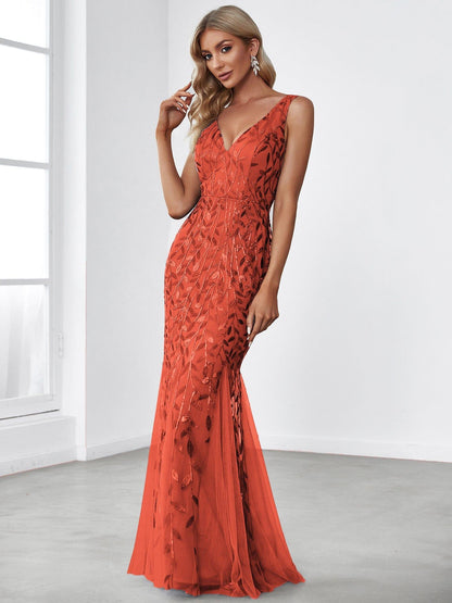 Zaira Sequin Dress with Double V Neck and Fishtail Hem