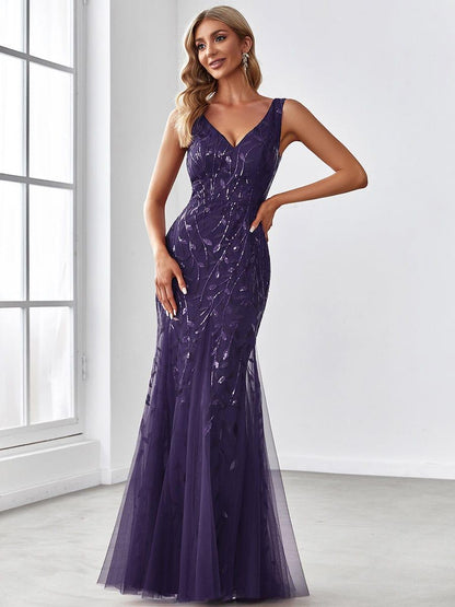 Zaira Sequin Dress with Double V Neck and Fishtail Hem