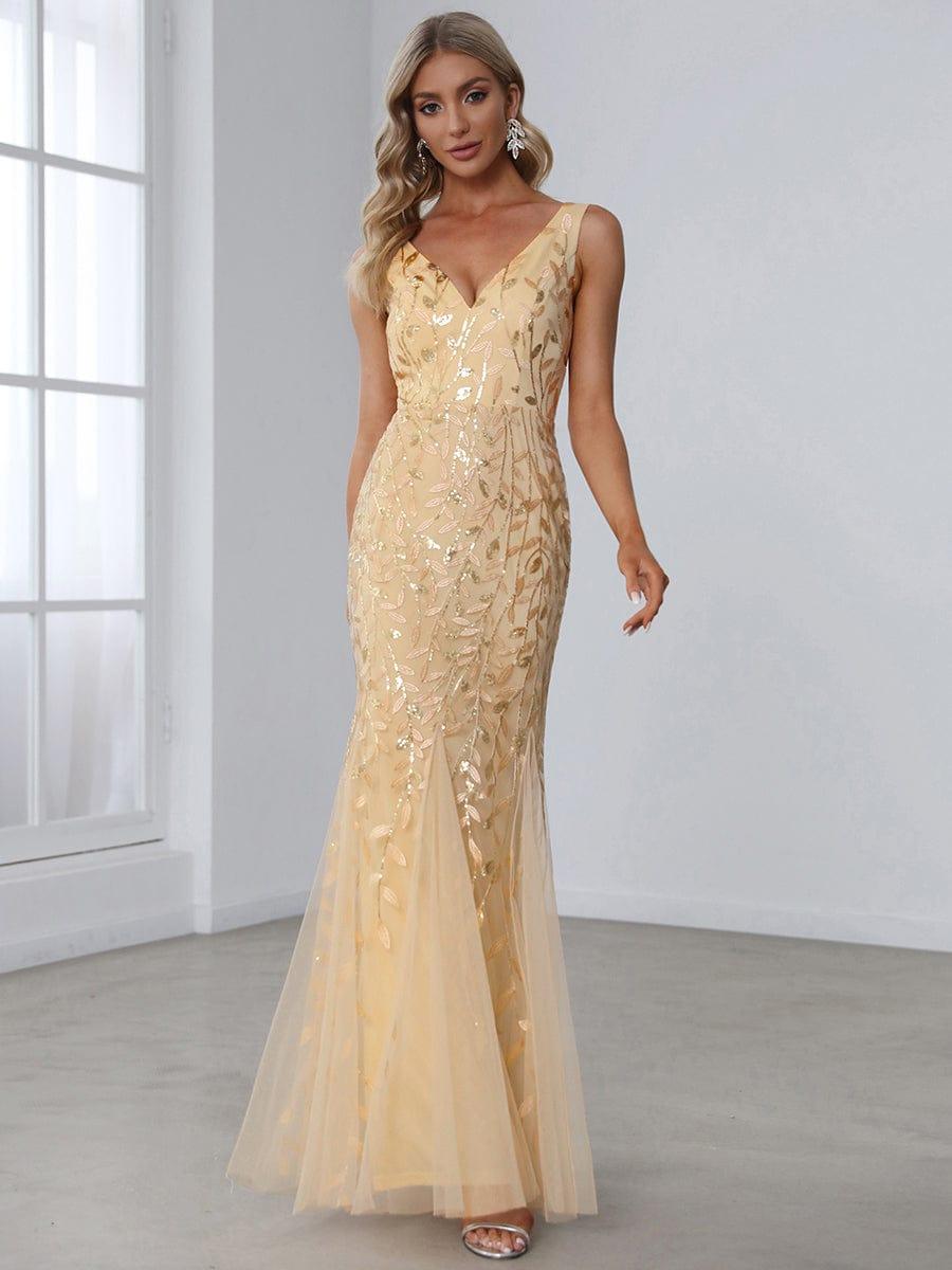 Zaira Sequin Dress with Double V Neck and Fishtail Hem