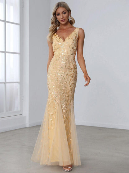 Zaira Sequin Dress with Double V Neck and Fishtail Hem