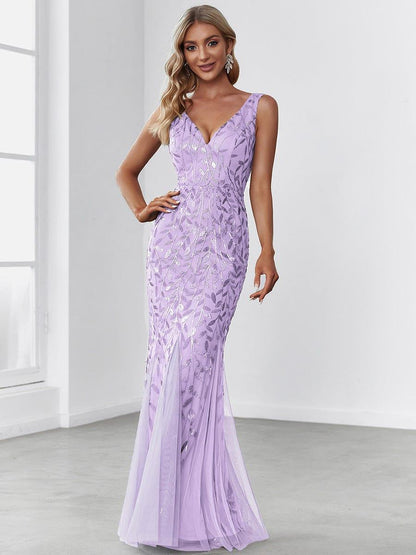 Zaira Sequin Dress with Double V Neck and Fishtail Hem