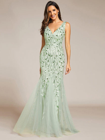 Zaira Sequin Dress with Double V Neck and Fishtail Hem