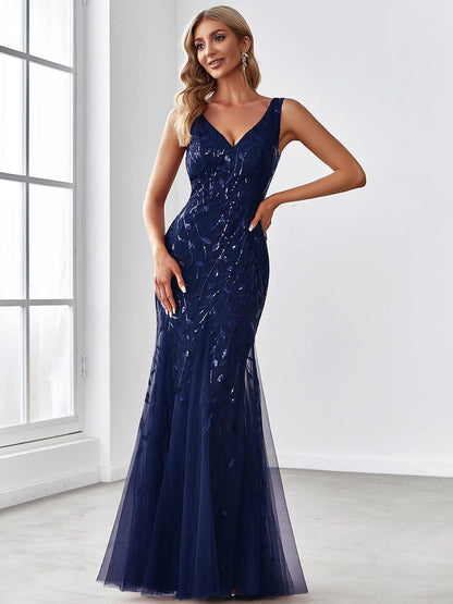 Zaira Sequin Dress with Double V Neck and Fishtail Hem