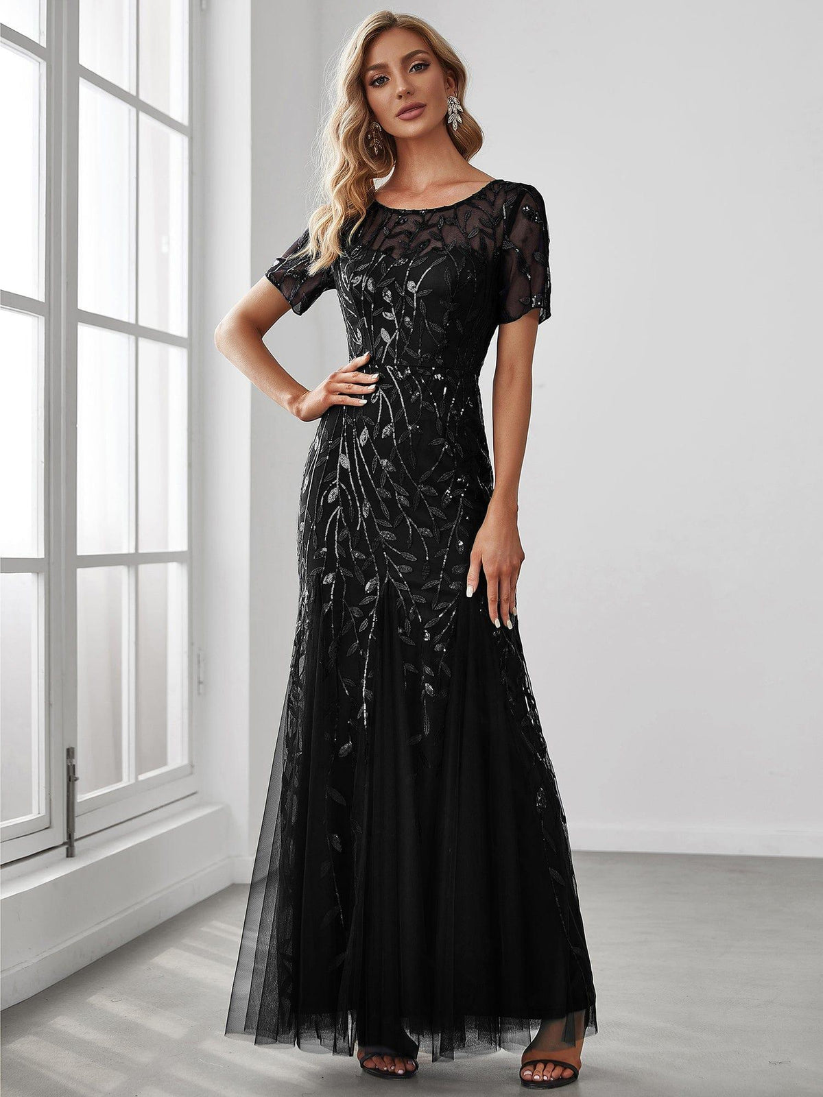 Amalia Sequin Dress with Short Sleeves and Tulle Skirt