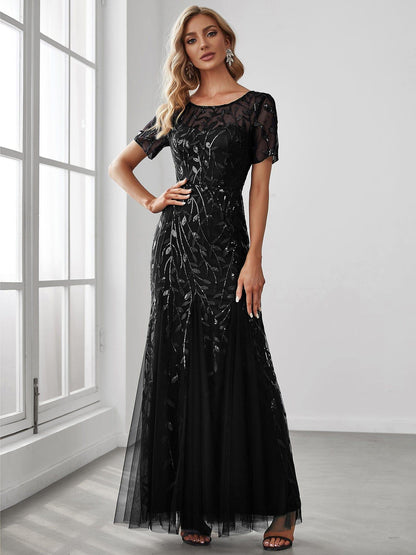 Amalia Sequin Dress with Short Sleeves and Tulle Skirt