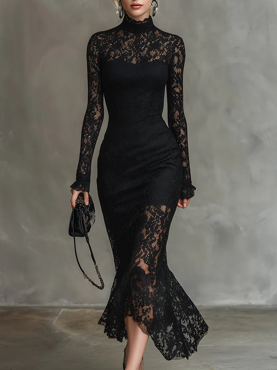 Blythe Black Dress with Lace Overlay and Fishtail Hem