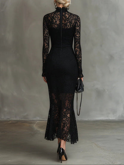 Blythe Black Dress with Lace Overlay and Fishtail Hem