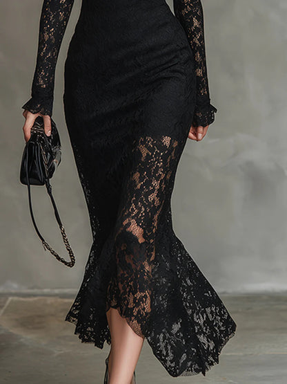 Blythe Black Dress with Lace Overlay and Fishtail Hem