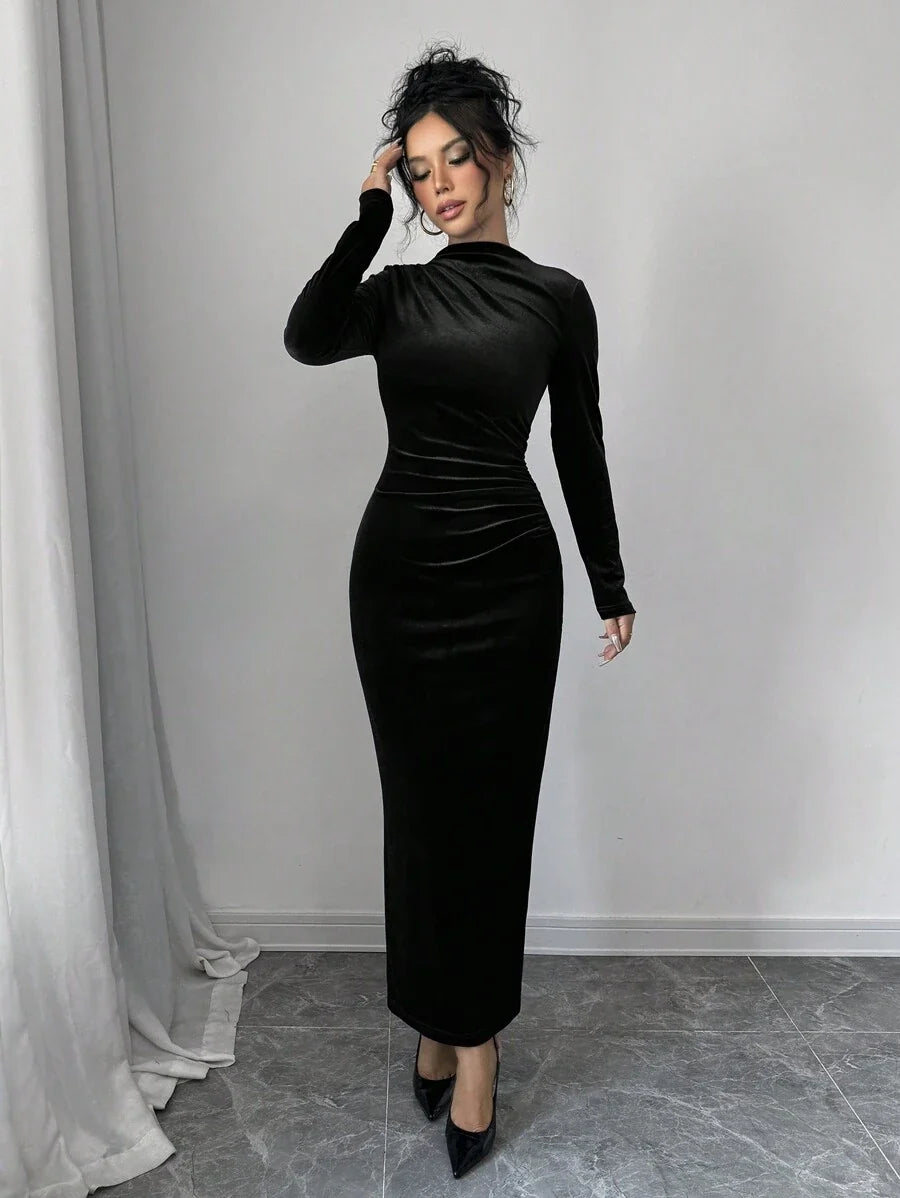 Solange Velvet Dress with High Neck and Ruched Body
