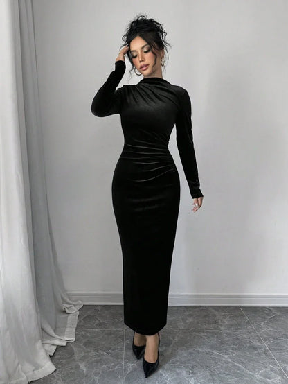 Solange Velvet Dress with High Neck and Ruched Body