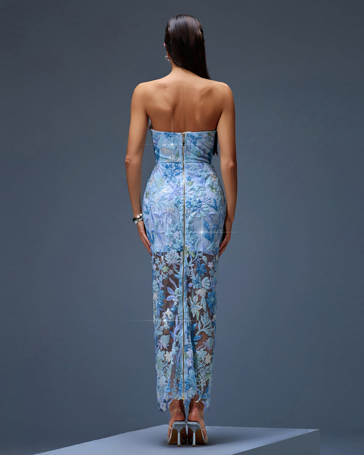 Seren Sequin Dress with Strapless Neck and Floral Sequins