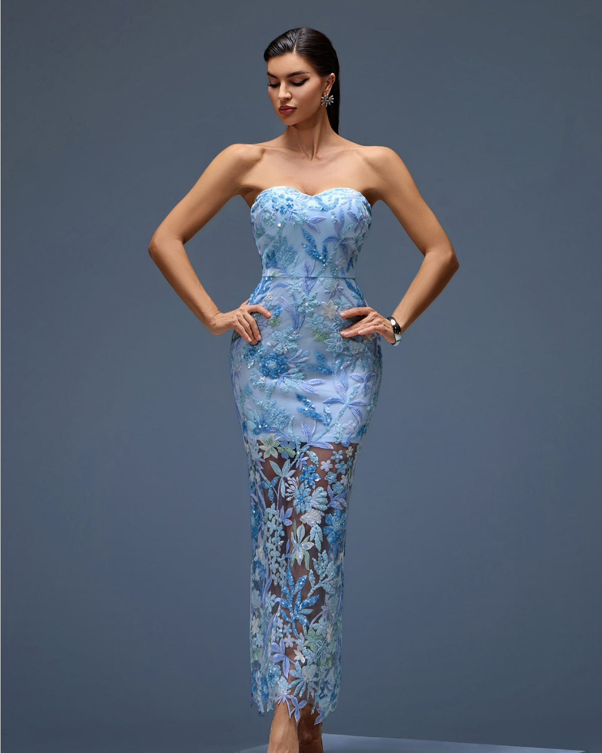 Seren Sequin Dress with Strapless Neck and Floral Sequins