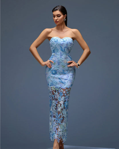 Seren Sequin Dress with Strapless Neck and Floral Sequins