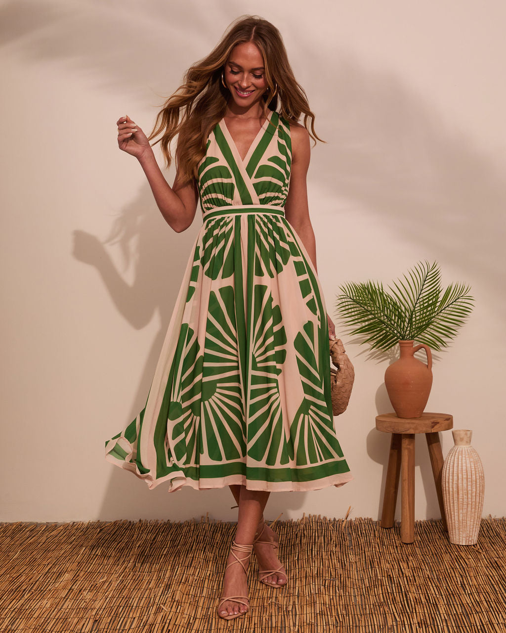 Niamh Green Dress with Palm Print and Plunging Neckline