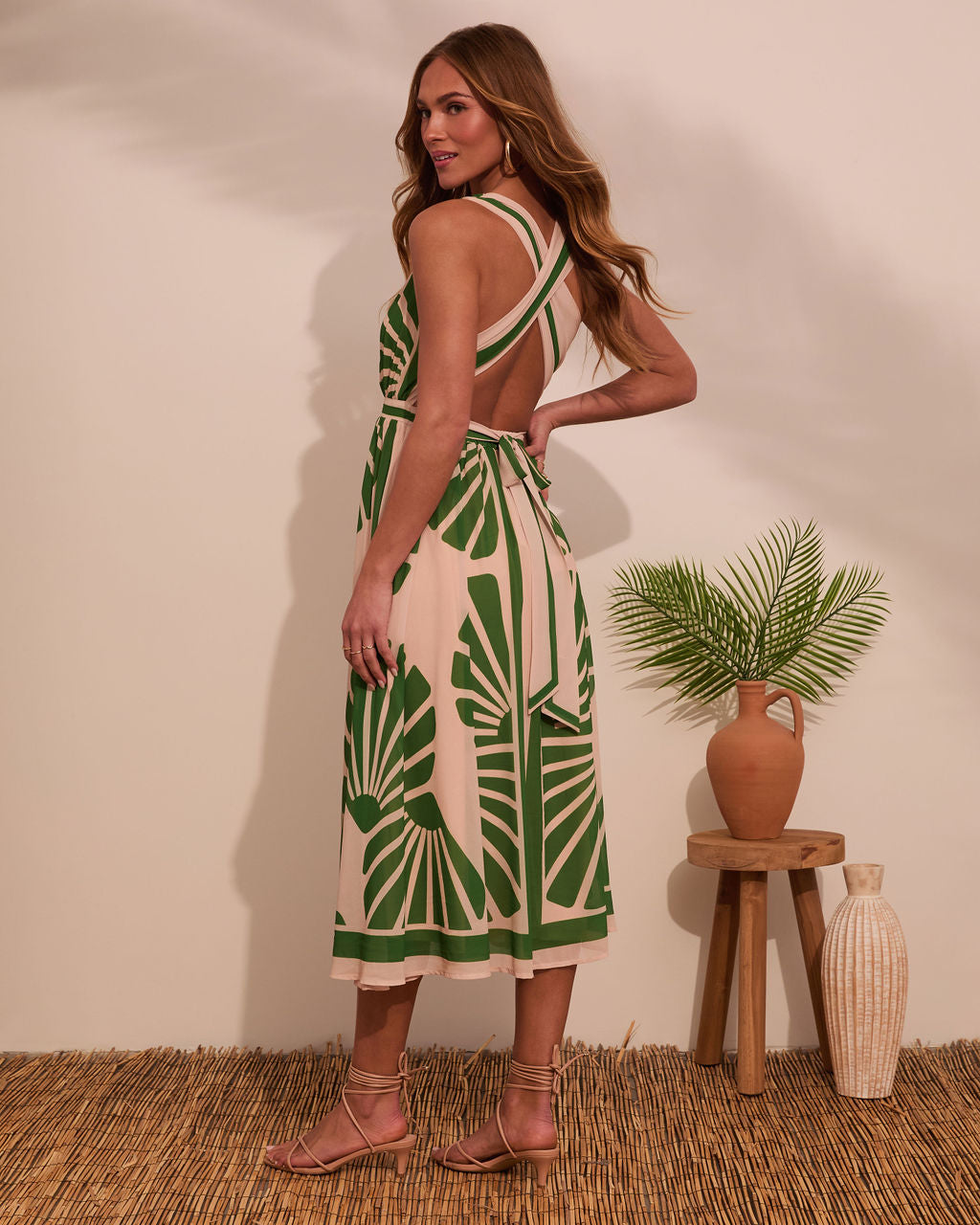 Galina Green Dress with Palm Print and Wrap Front