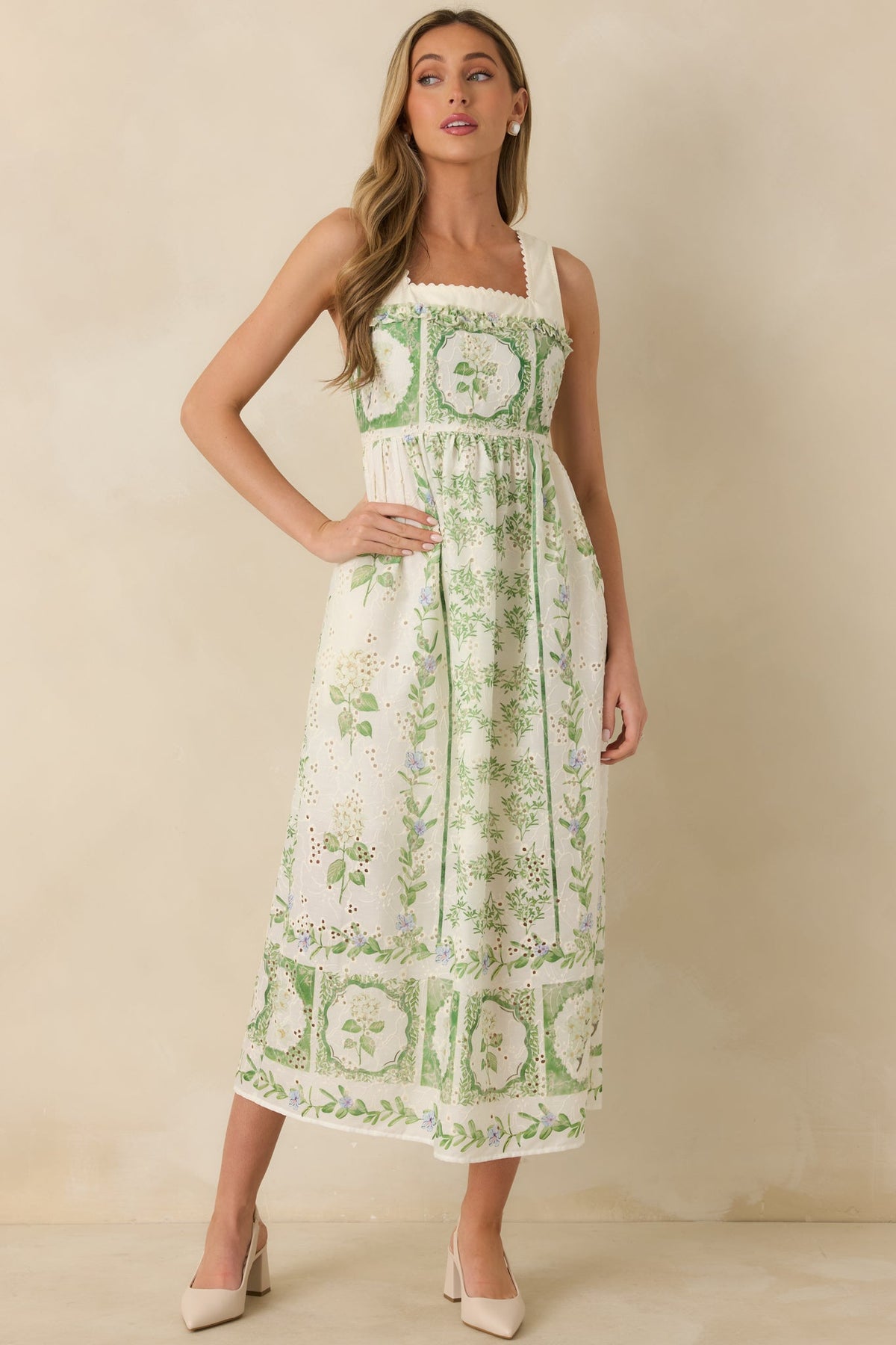Georgia Green Dress with Eyelet Print and Tiered Skirt
