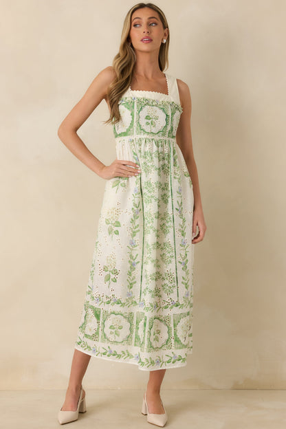 Georgia Green Dress with Eyelet Print and Tiered Skirt