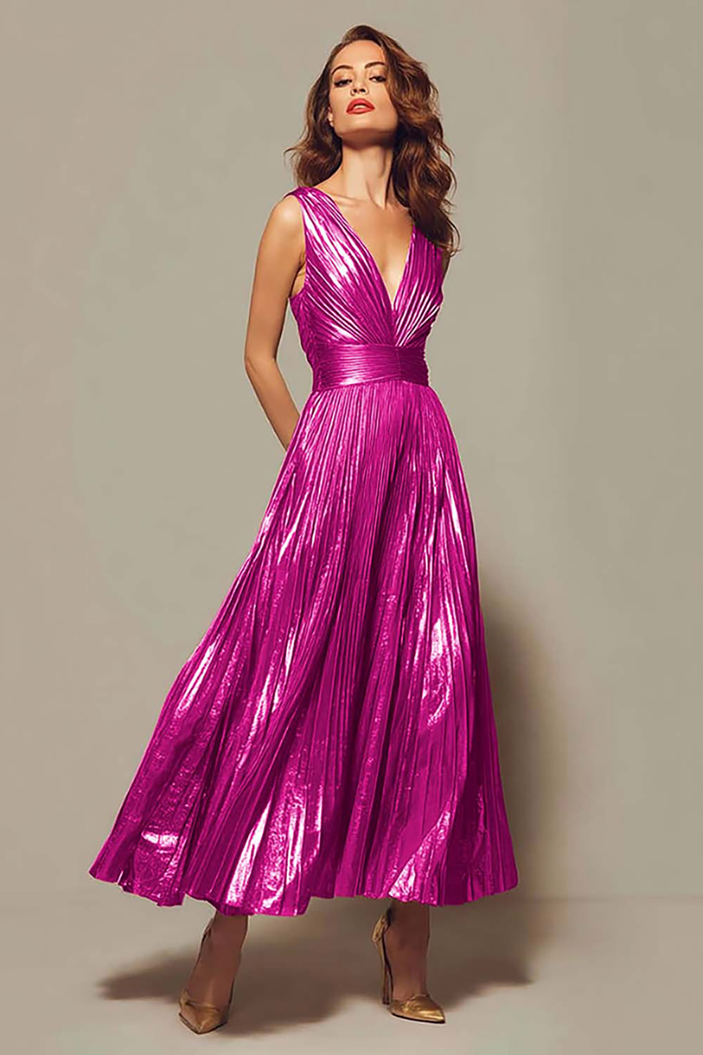 Apolline Formal Dress with Pleated Metallic and Deep V Neck