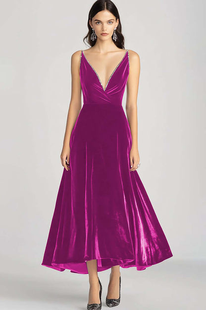 Dorothea Velvet Dress with V Neck and Full Midi Skirt