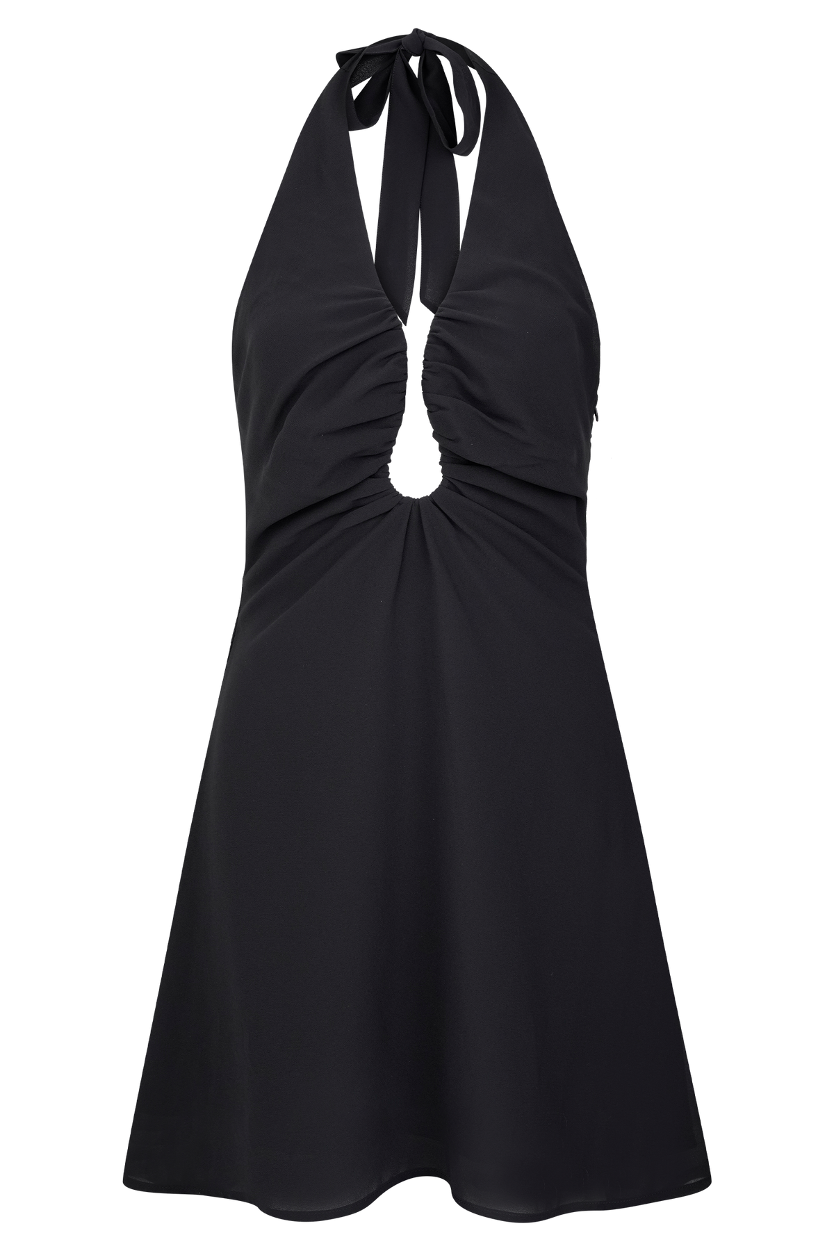 Amabel Black Mini Dress with Plunge Halter and Chiffon Skirt