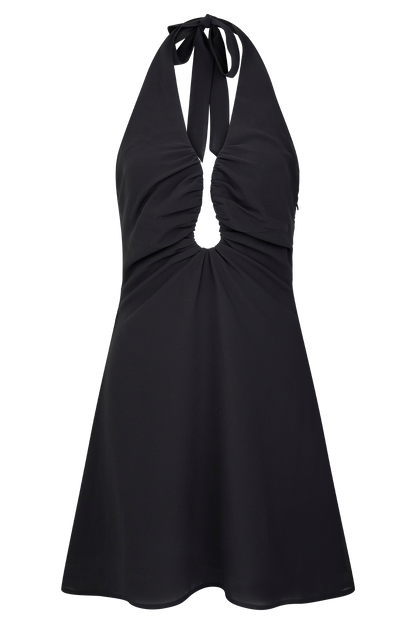 Amabel Black Mini Dress with Plunge Halter and Chiffon Skirt