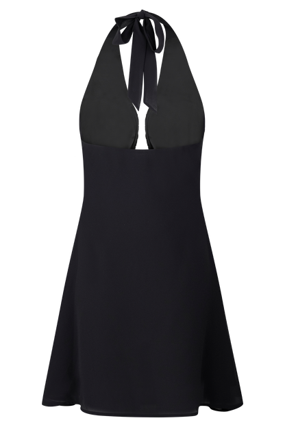 Amabel Black Mini Dress with Plunge Halter and Chiffon Skirt