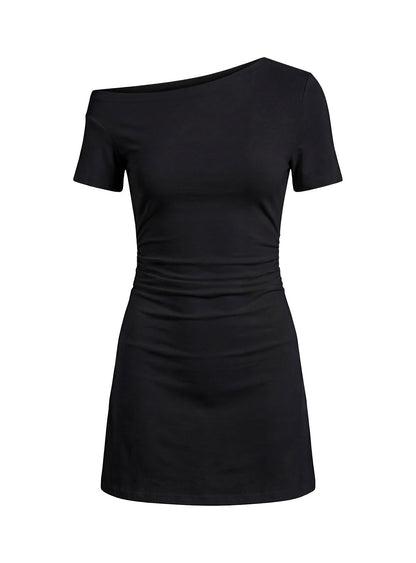 Ambre Black Mini Dress with Off Shoulder Neck and Ruched Side