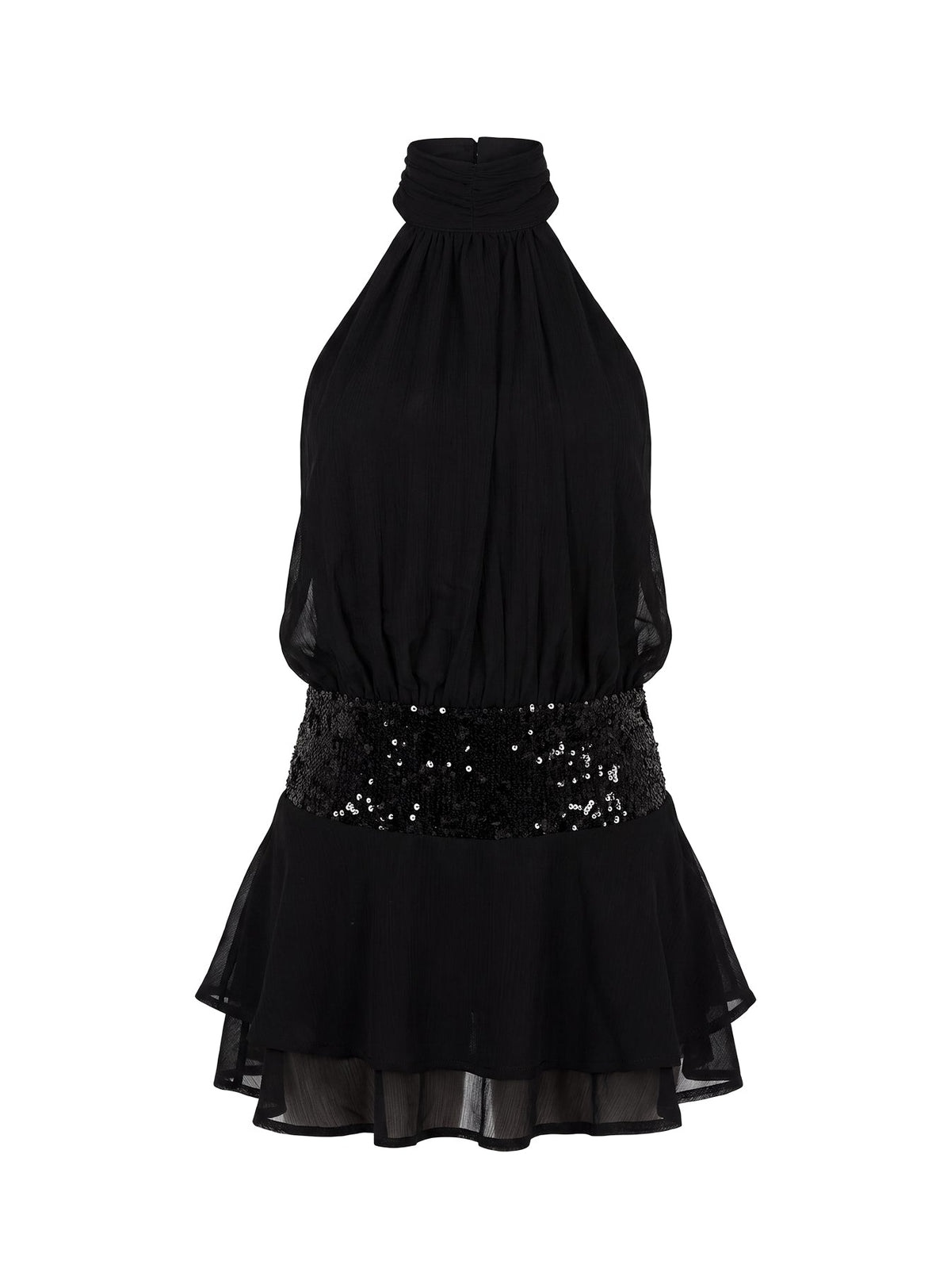 Annalise Sequin Dress with High Neck and Dropped Waist
