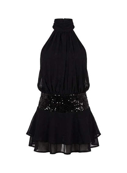 Annalise Sequin Dress with High Neck and Dropped Waist