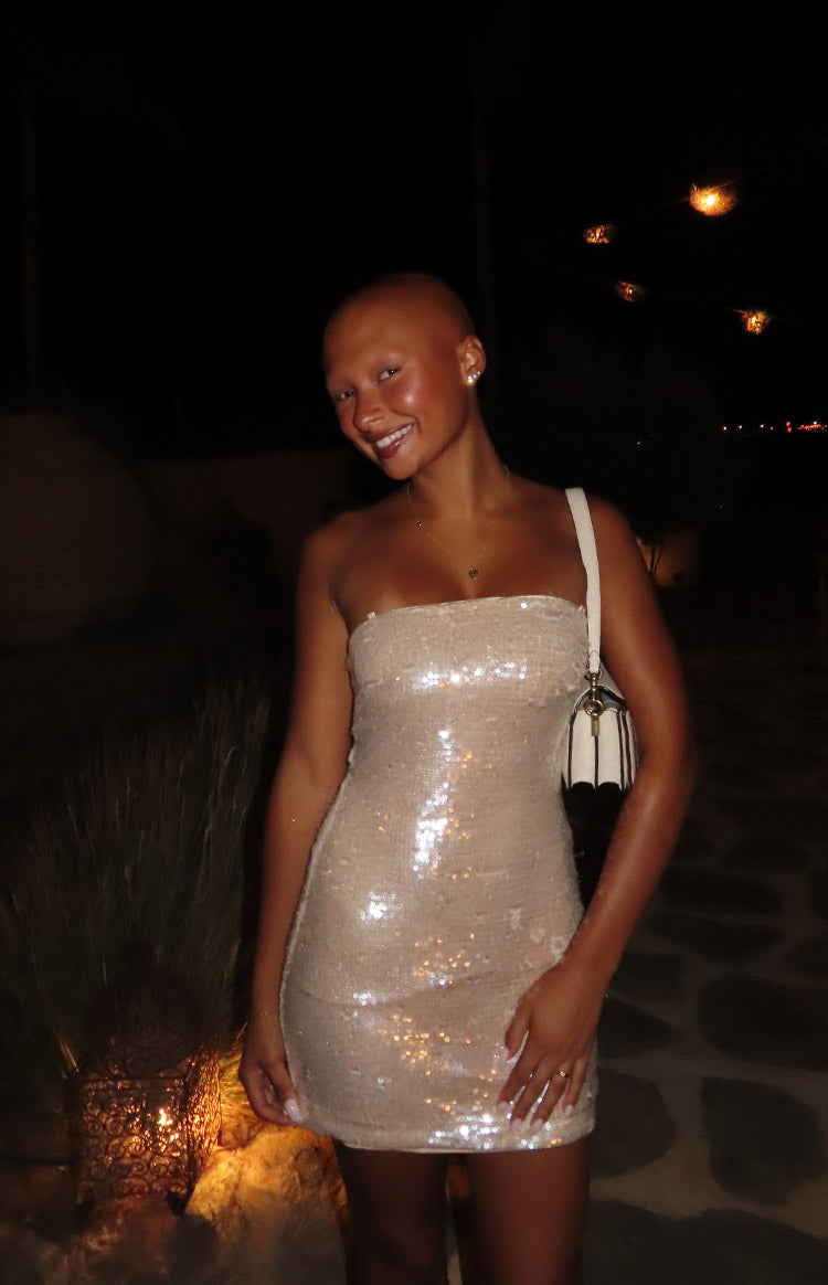 Thora Sequin Dress with One Shoulder and Straight Hem