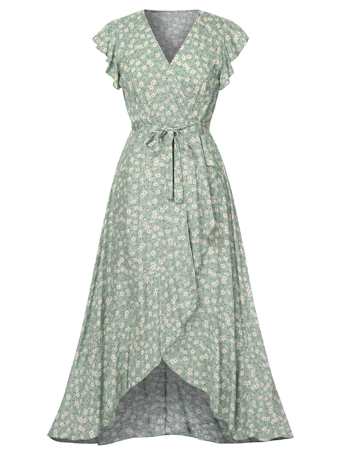 Gabriela Green Dress with Ditsy Floral and Wrap Front