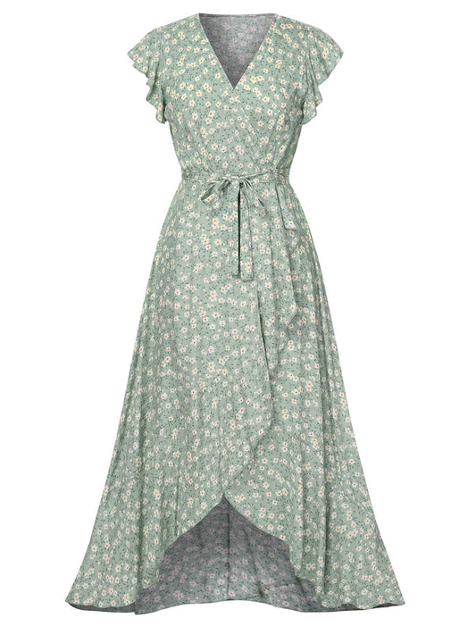 Gabriela Green Dress with Ditsy Floral and Wrap Front