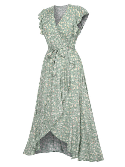 Gabriela Green Dress with Ditsy Floral and Wrap Front