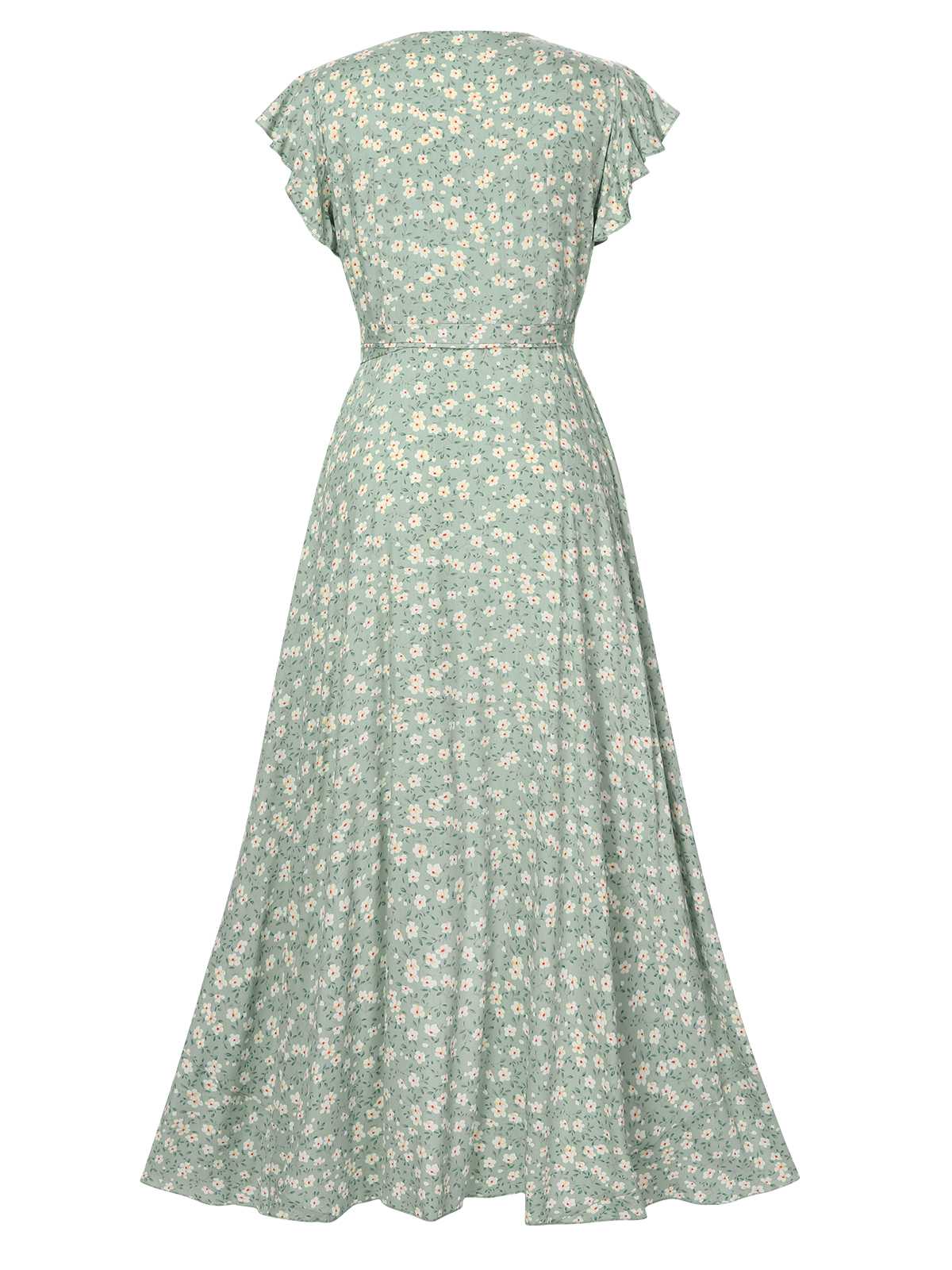 Gabriela Green Dress with Ditsy Floral and Wrap Front