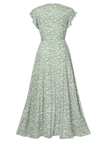 Gabriela Green Dress with Ditsy Floral and Wrap Front