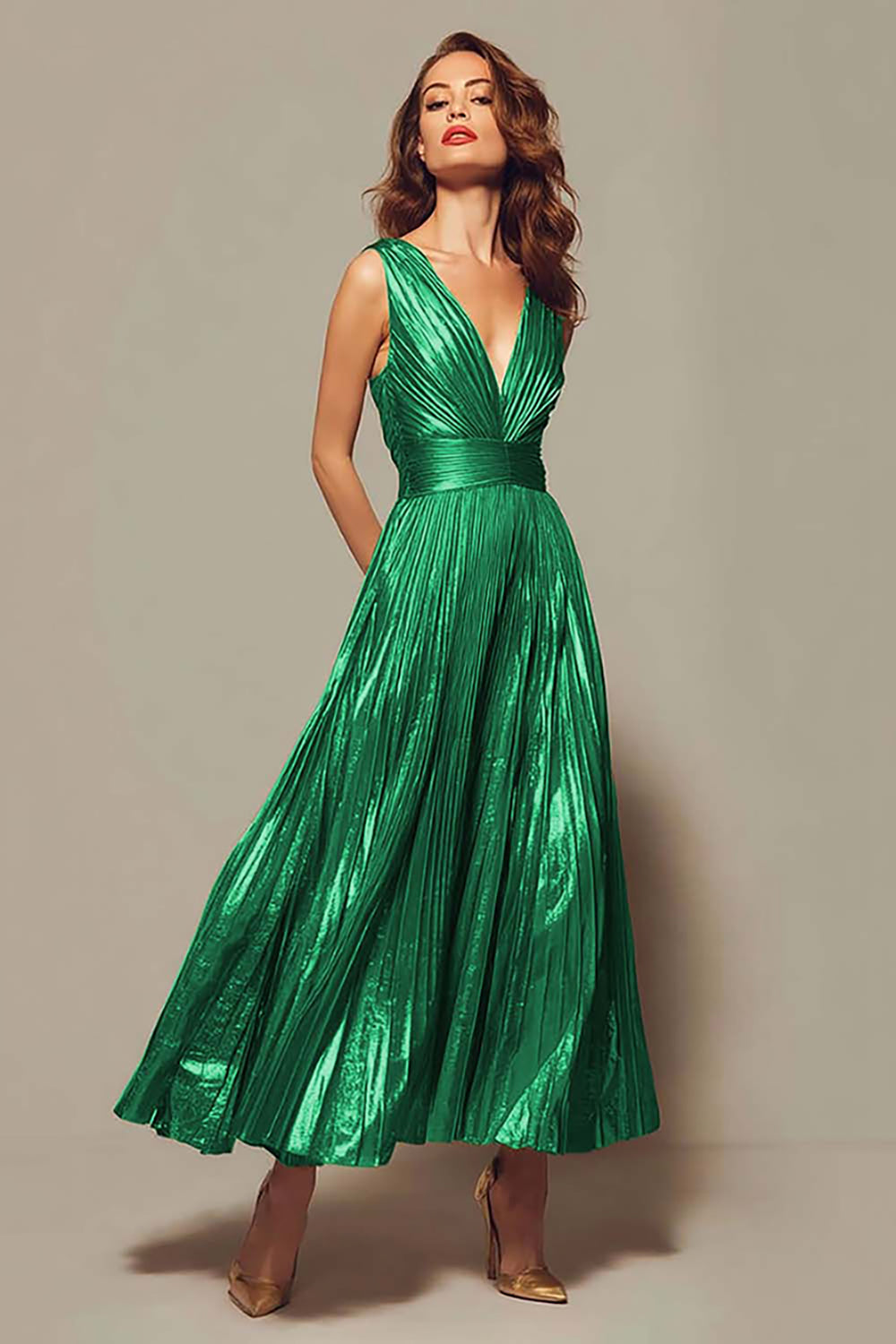Apolline Formal Dress with Pleated Metallic and Deep V Neck