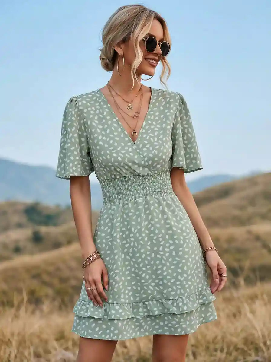 Pandora Green Dress with Crochet Lace and Wrap Front