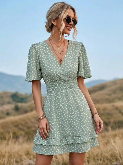 Pandora Green Dress with Crochet Lace and Wrap Front