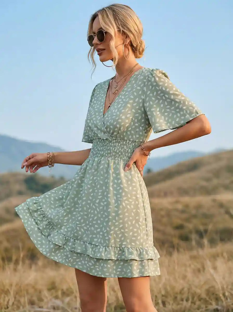 Pandora Green Dress with Crochet Lace and Wrap Front
