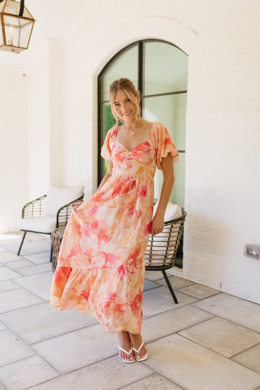 Laine Linen Midi Dress in Peach
