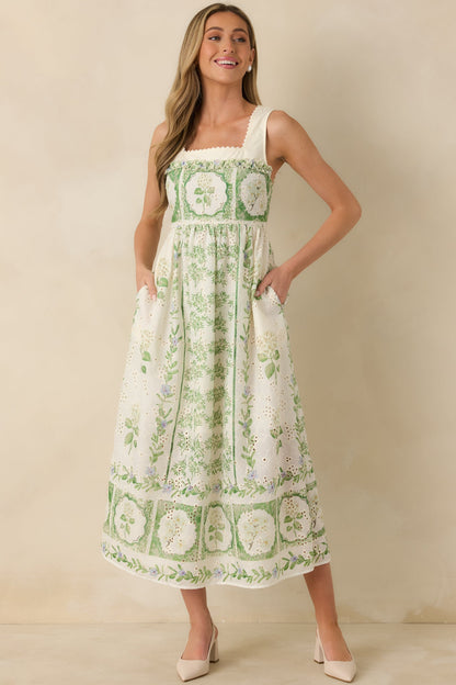 Georgia Green Dress with Eyelet Print and Tiered Skirt