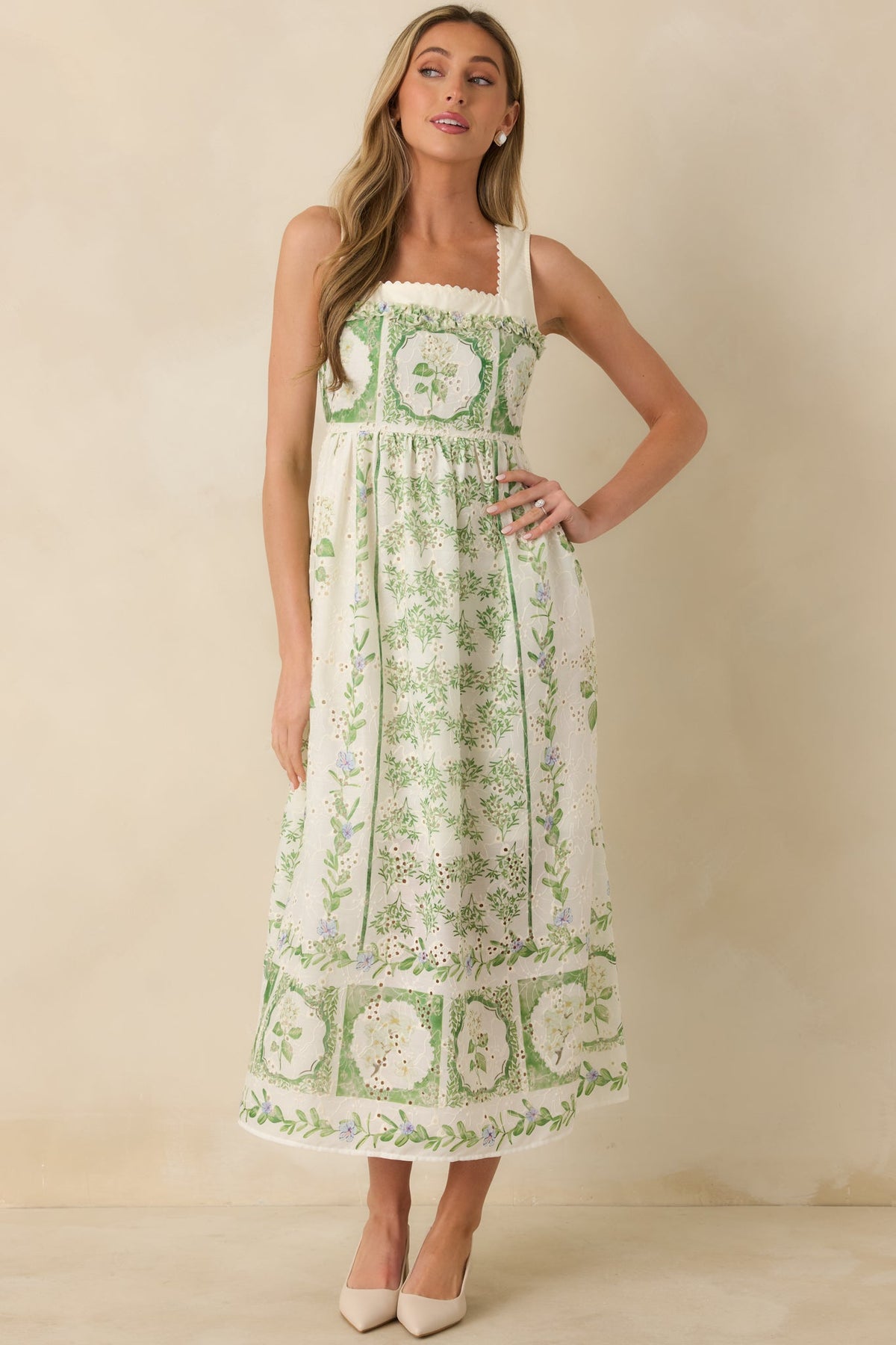 Georgia Green Dress with Eyelet Print and Tiered Skirt