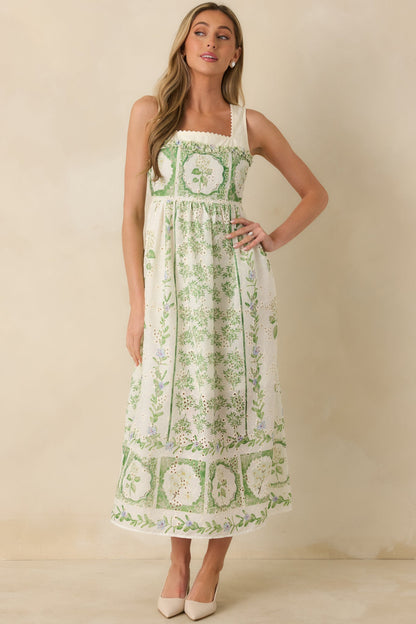 Georgia Green Dress with Eyelet Print and Tiered Skirt