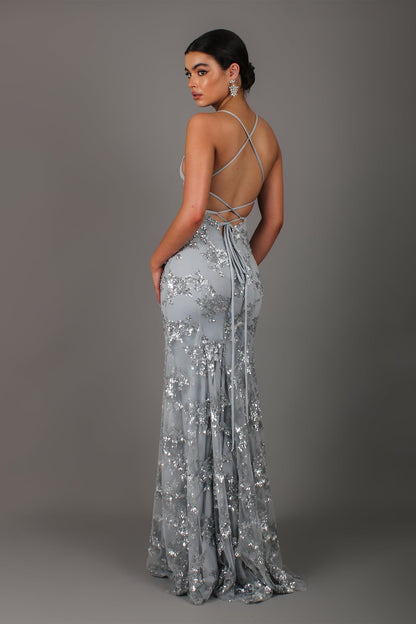 Helia Sequin Dress with V Neck and Open Back