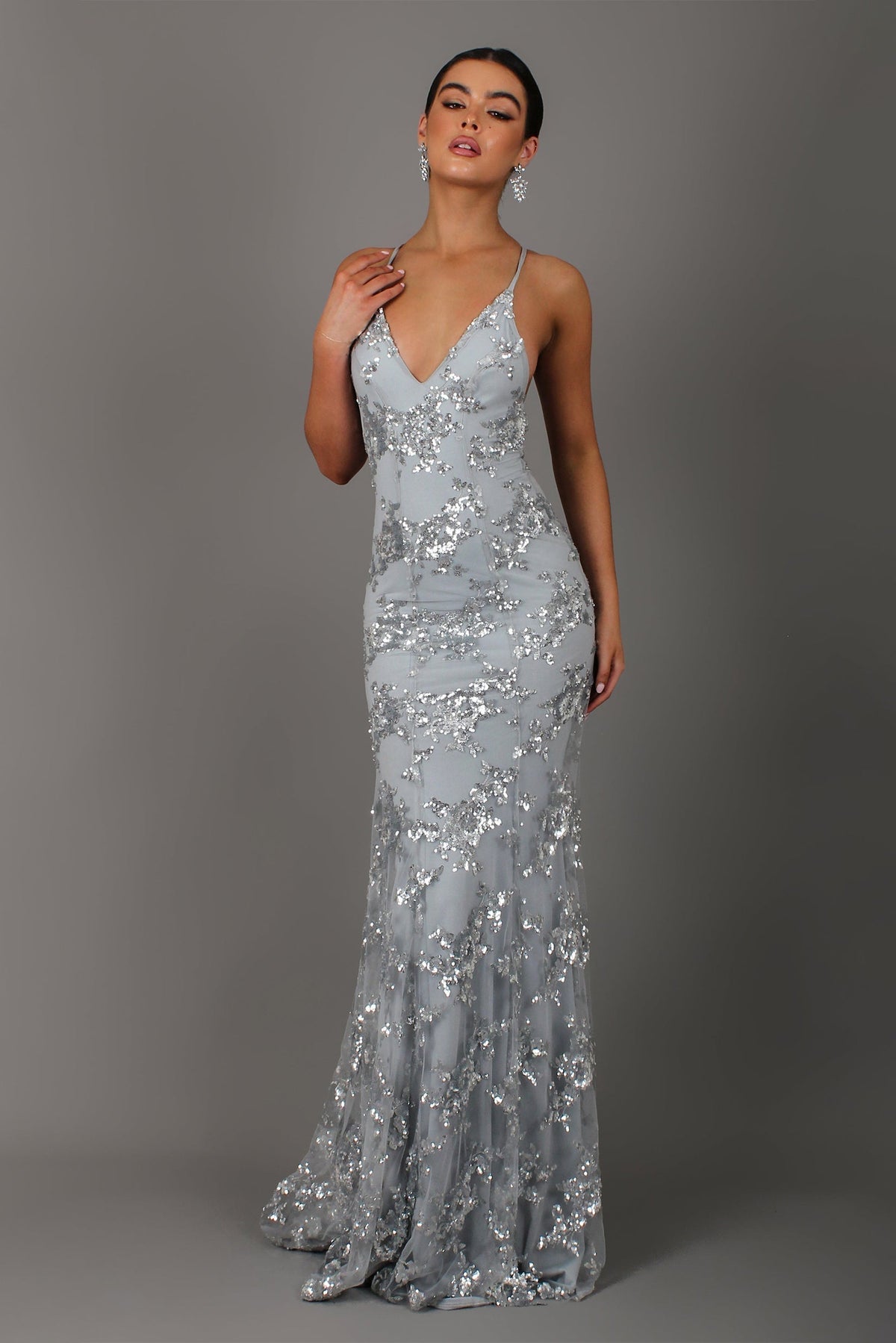 Helia Sequin Dress with V Neck and Open Back
