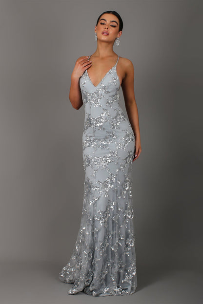 Helia Sequin Dress with V Neck and Open Back