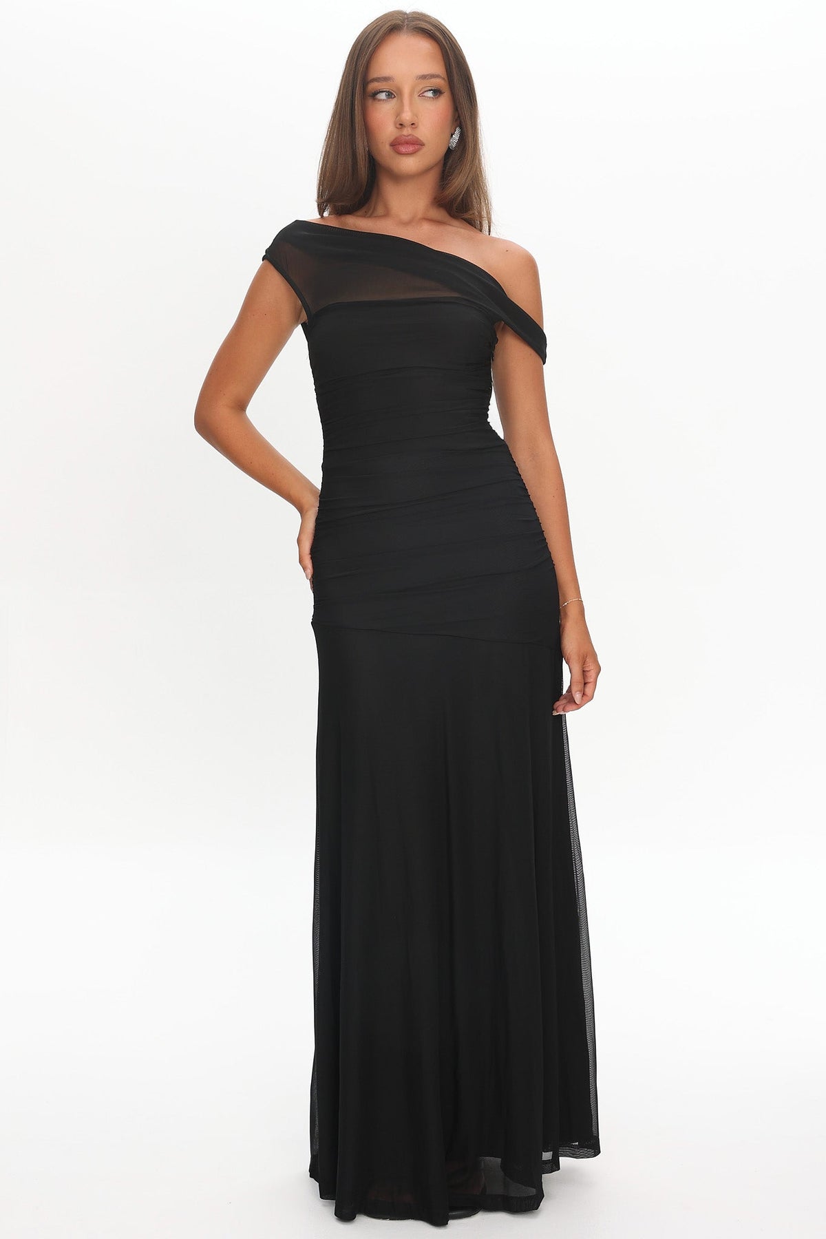 Lucille Black Dress with Asymmetric Neck and Mesh Panel