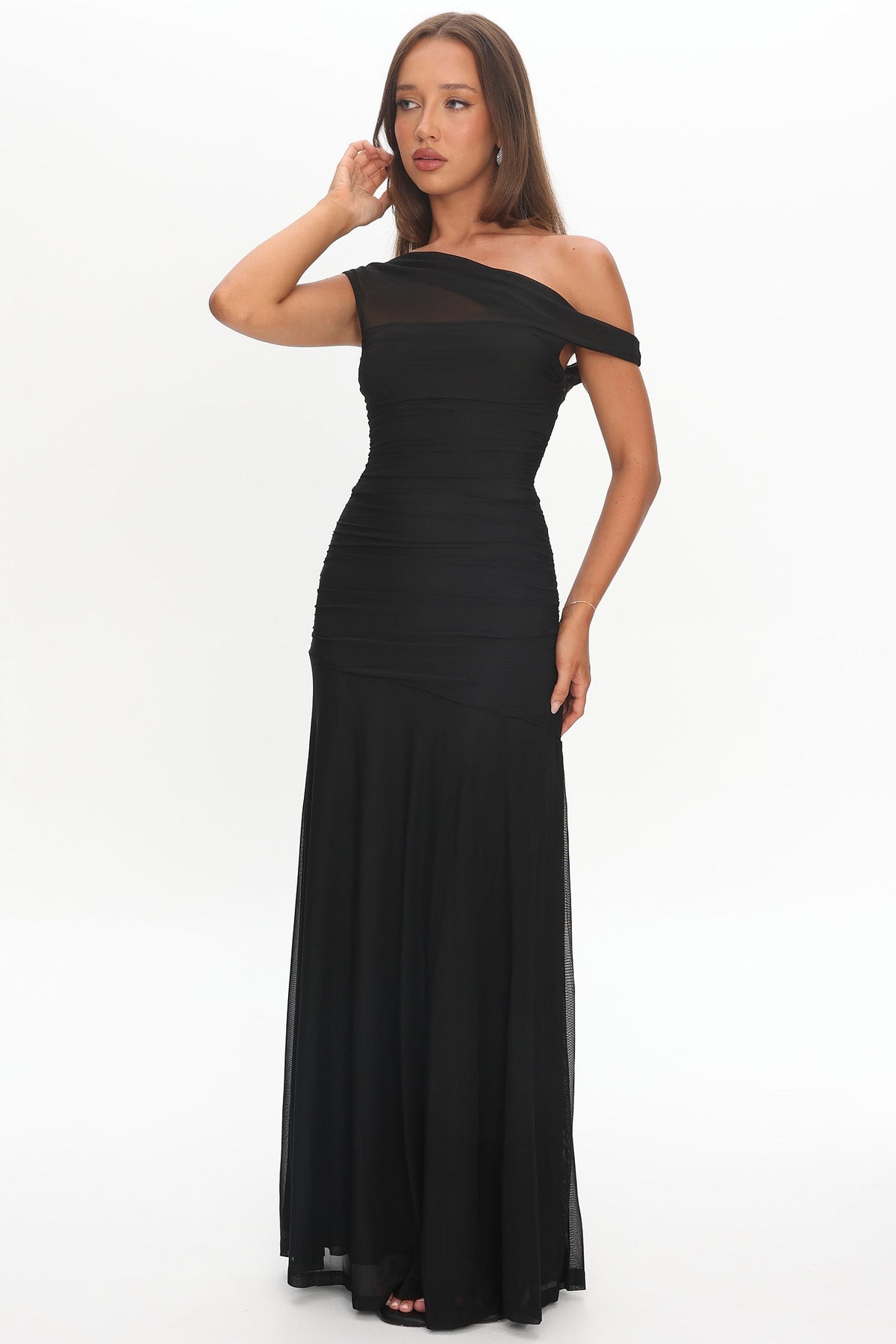 Lucille Black Dress with Asymmetric Neck and Mesh Panel