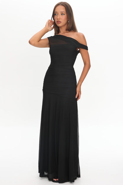 Lucille Black Dress with Asymmetric Neck and Mesh Panel